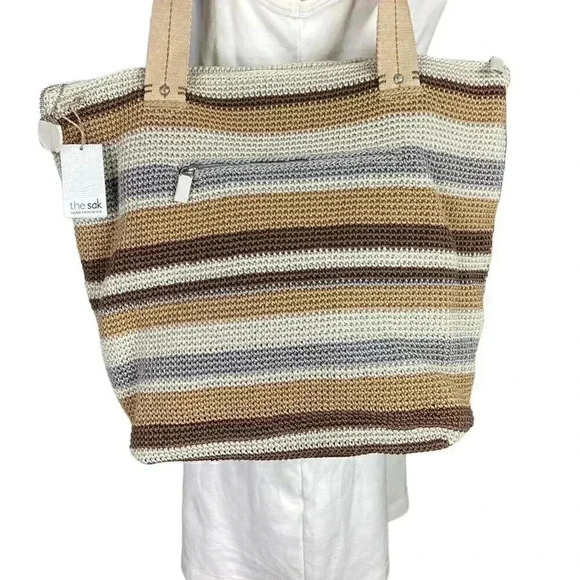 The Sak Mendocino Stripe Crochet XLarge Double Strap Zip Top Tote Vegan NEW Sand - Picture 2 of 11